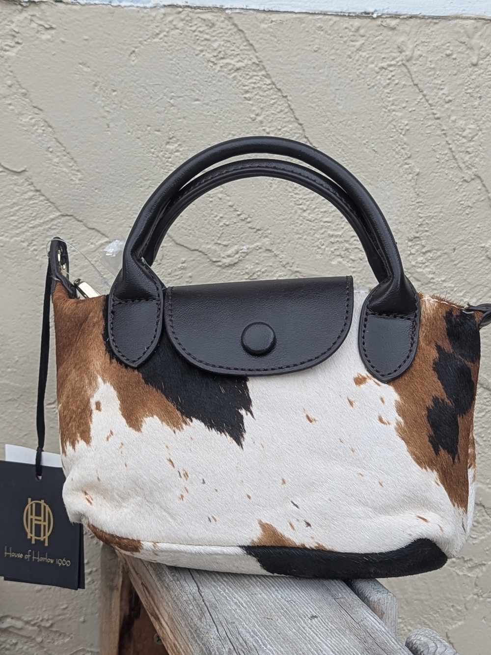 NWT House of Harlow 1960 Cow Print Calf Hair Mini Top Handle Bag Crossbody